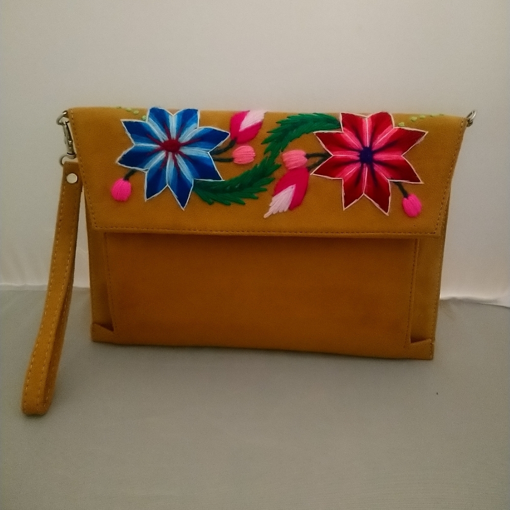 Mexican Floral Embroidered Mustard Yellow Suede Clutch & Wristlet Artisan Hand
